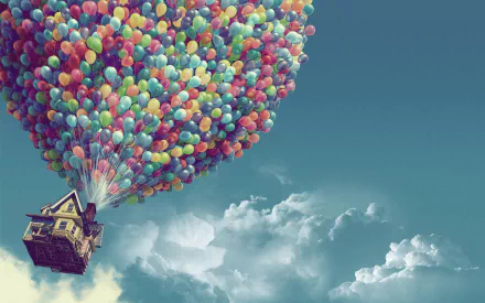 HD desktop wallpaper featuring the house from the movie Up (2009) lifted by a vibrant cluster of colorful balloons floating above fluffy clouds.