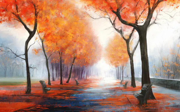 Artistic 4K Ultra HD wallpaper depicting a serene fall scene with vibrant orange trees lining a pathway and a solitary bench inviting quiet reflection.
