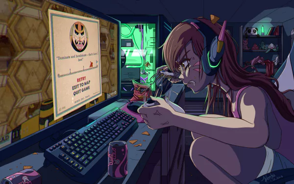 D.Va (Overwatch) at a neon-lit PC desk fixing a controller, surrounded by monitors and gaming gear — stylized 4K Ultra HD video game PC desktop wallpaper/background.