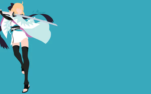 HD PC desktop wallpaper: minimalist anime artwork of Sakura Saber (Okita Sōji) from Fate/Grand Order — full-body stylized figure walking left against a solid teal background.