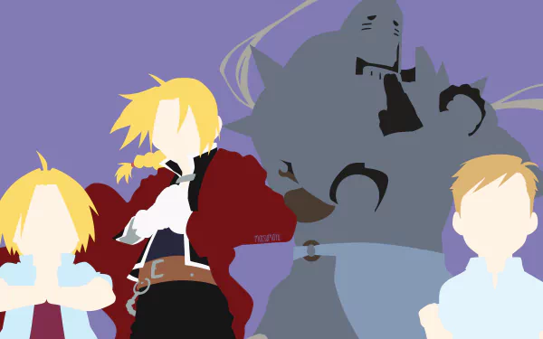 Minimalist 4K Ultra HD anime wallpaper featuring Alphonse Elric, Edward Elric from Fullmetal Alchemist with bold colors and simplified silhouettes.