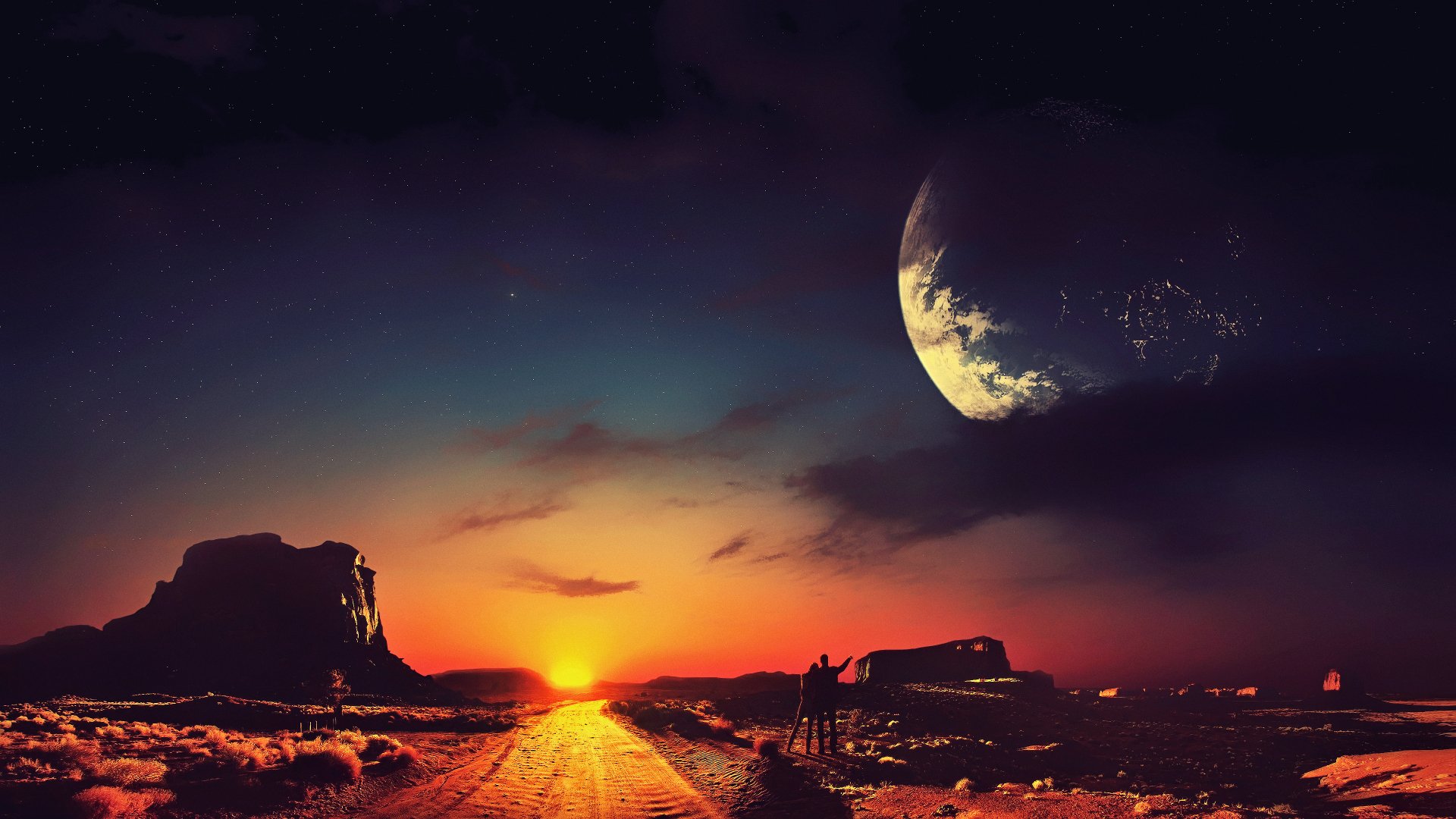 A stunning 4K Ultra HD sci-fi landscape featuring a glowing sunset, rugged terrain, and a large planet with stars in the darkening sky as a PC desktop wallpaper.