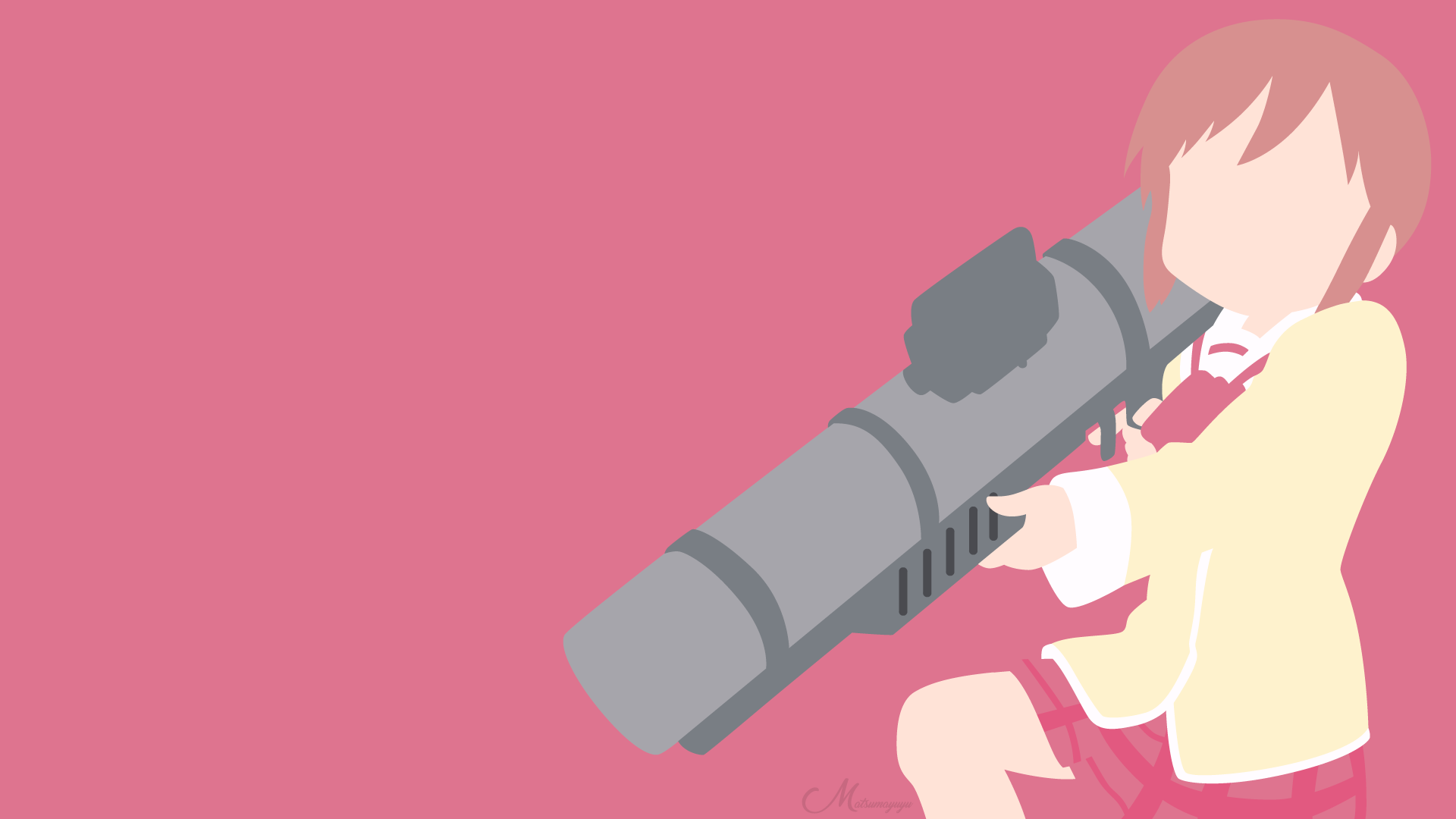 HD PC desktop wallpaper of Misato Tachibana from Nichijō: flat-color anime illustration, faceless silhouette holding a large lens-like prop against a solid pink background.