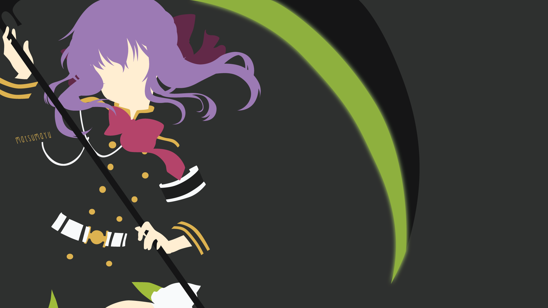 HD PC desktop wallpaper featuring a stylized, faceless illustration of Shinoa Hīragi from the anime Seraph of the End with a dark and green background.