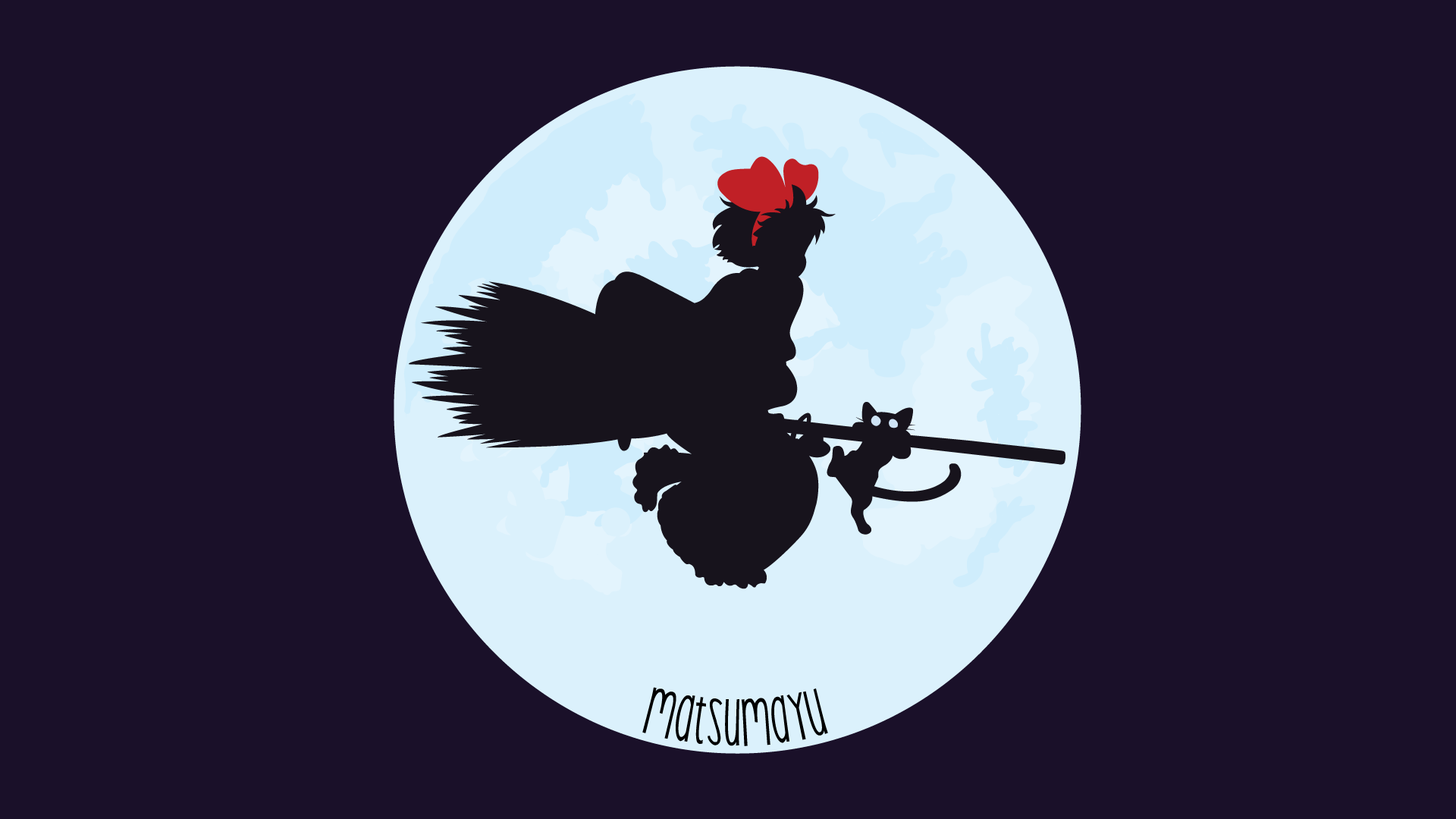 Silhouette of Kiki and her cat flying on a broomstick against a bright full moon, inspired by the anime Kiki's Delivery Service, designed as an HD PC desktop wallpaper.