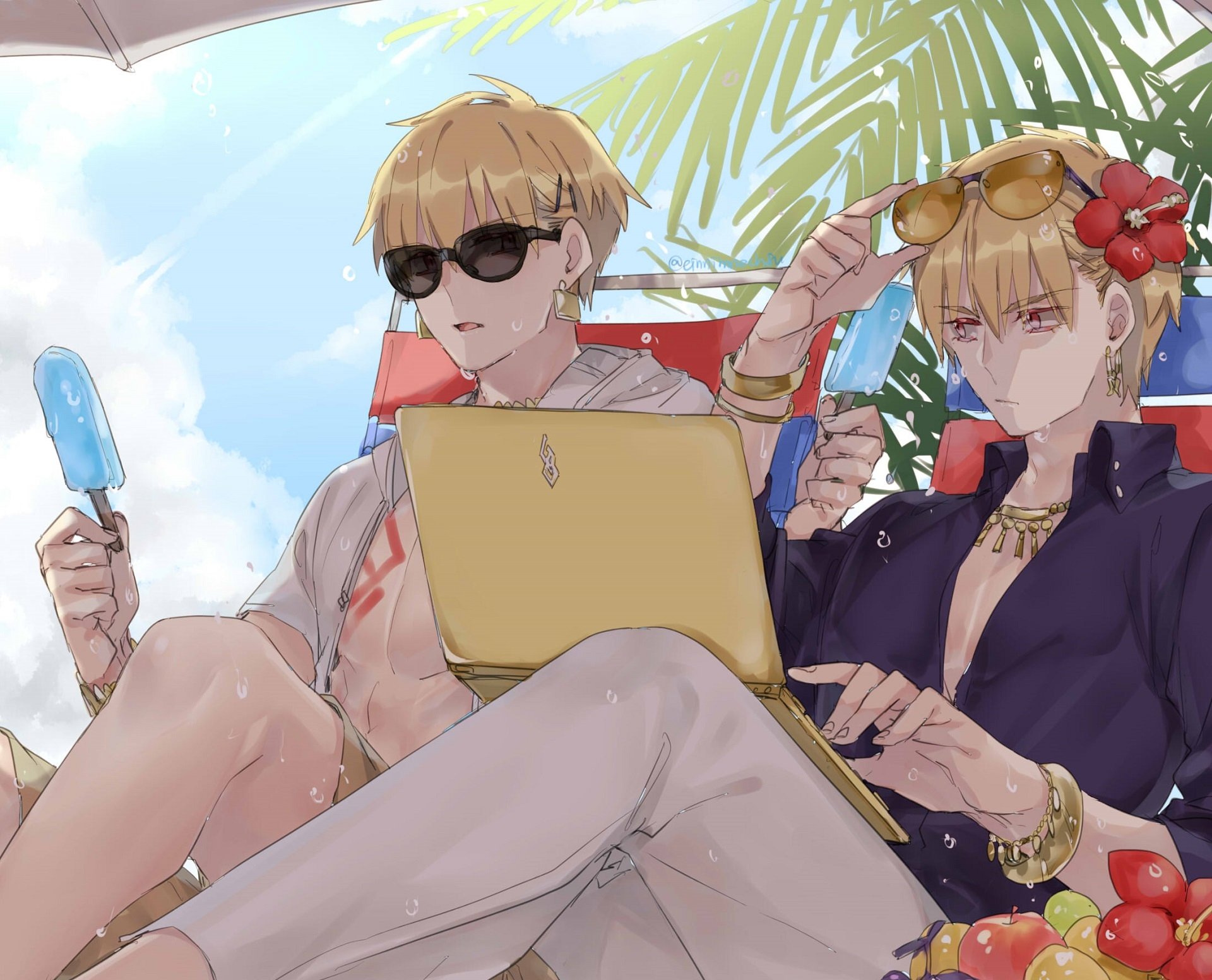 HD PC wallpaper featuring Gilgamesh (Caster) and Archer from Fate/Grand Order, both wearing sunglasses in a relaxed, tropical anime setting.