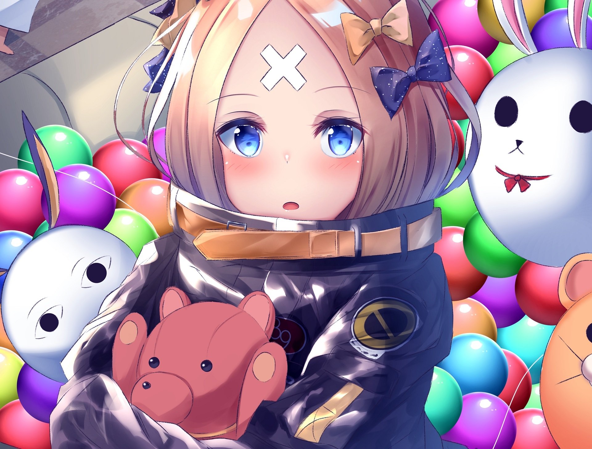 HD PC desktop wallpaper featuring Abigail Williams from Fate/Grand Order, depicted in vibrant anime style surrounded by colorful balls and plush toys.