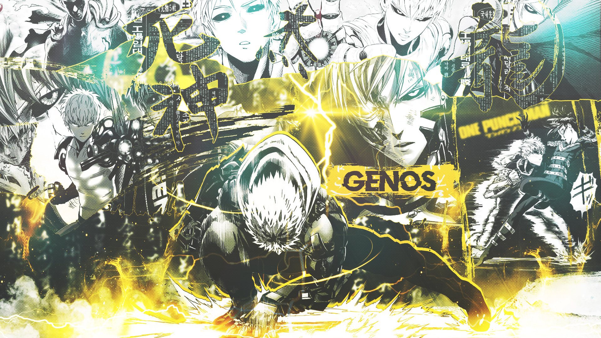 HD desktop wallpaper of Genos from One-Punch Man, featuring a dynamic collage of various action scenes and intense expressions from the anime.