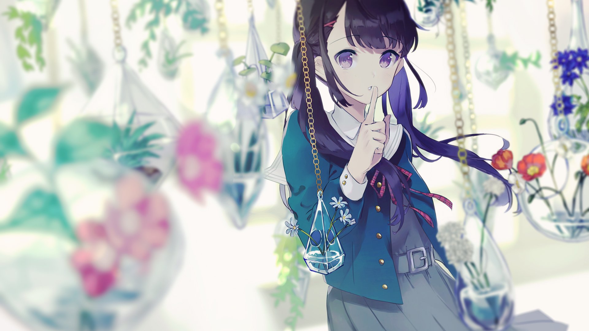 HD desktop wallpaper featuring an anime girl with dark hair in a floral environment, quietly interacting with hanging glass terrariums.