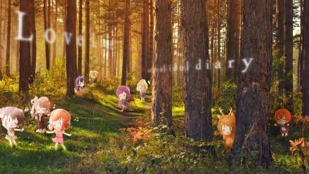 Chibi versions of Umi Sonoda, Rin Hoshizora, Nozomi Tojo, Nico Yazawa, Maki Nishikino, Kotori Minami, Honoka Kousaka, Hanayo Koizumi, and Eri Ayase from Love Live! in a sunlit forest HD wallpaper.