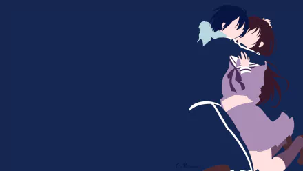 HD PC desktop wallpaper of Yato and Hiyori Iki from Noragami: anime-style Yato embracing Hiyori against a minimalist deep-blue background.