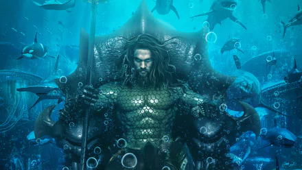 HD PC desktop wallpaper featuring Jason Momoa as Aquaman surrounded by underwater sea creatures in a vibrant, detailed oceanic scene.