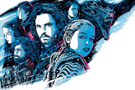 Illustrated HD desktop wallpaper featuring characters from Game of Thrones, including Jon Snow, Daenerys Targaryen, Arya Stark, Sansa Stark, Bran Stark, Tyrion Lannister, and the Night King.