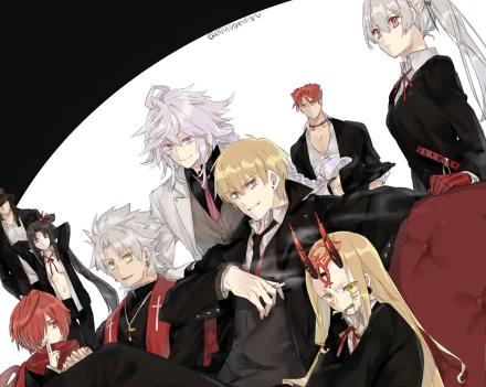 HD PC desktop wallpaper featuring Ushiwakamaru, Jeanne d'Arc Alter (Berserker), Fuuma Kotarou, Shirou Tokisada Amakusa, Leonidas, Ibaraki Dōji, Gilgamesh, and Merlin from Fate/Grand Order anime.