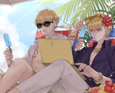 HD PC wallpaper featuring Gilgamesh (Caster) and Archer from Fate/Grand Order, both wearing sunglasses in a relaxed, tropical anime setting.