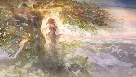 Anime — Dies Irae 5K Ultra HD desktop wallpaper: a lone girl beneath a windswept tree on a cliff, petals and birds drifting across a pastel sunrise sky over a vast, cloudlike sea.