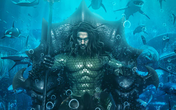 HD PC desktop wallpaper featuring Jason Momoa as Aquaman surrounded by underwater sea creatures in a vibrant, detailed oceanic scene.