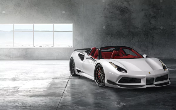 White Ferrari 488 supercar with red interior parked in a minimalist concrete room, captured in stunning 8K Ultra HD for PC desktop wallpaper and background.