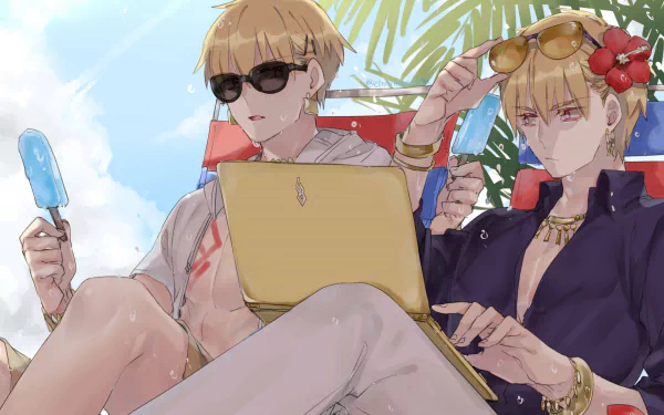 HD PC wallpaper featuring Gilgamesh (Caster) and Archer from Fate/Grand Order, both wearing sunglasses in a relaxed, tropical anime setting.