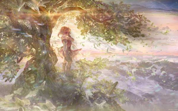 Anime — Dies Irae 5K Ultra HD desktop wallpaper: a lone girl beneath a windswept tree on a cliff, petals and birds drifting across a pastel sunrise sky over a vast, cloudlike sea.