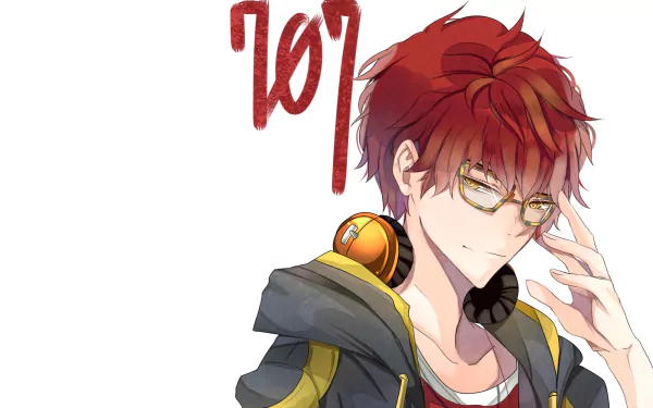 HD PC desktop wallpaper featuring 707 from Mystic Messenger anime, showcasing his red hair, glasses, and headphones with the number 707 in bold red above.