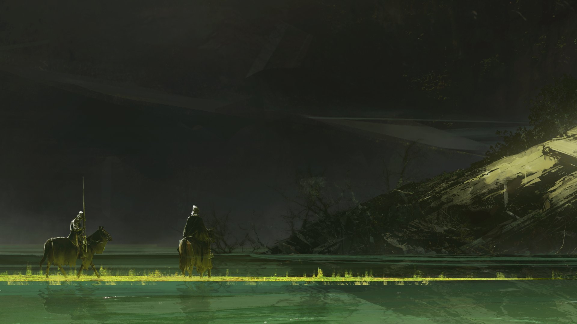 A fantasy scene featuring two knights on horseback in a dark, misty landscape, rendered as a 4K Ultra HD PC desktop wallpaper and background.