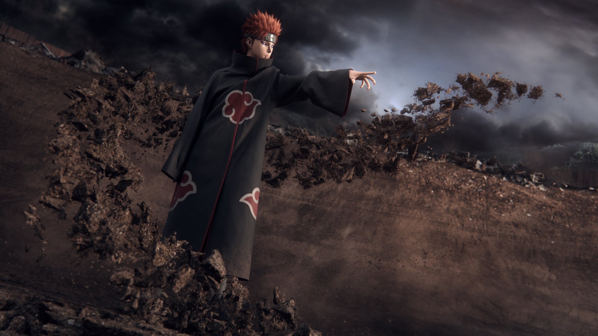 Pain (Naruto) anime 2K Quad HD PC desktop wallpaper and background: Akatsuki-cloaked Pain levitating amid swirling debris and a stormy sky, outstretched hand commanding the battlefield.