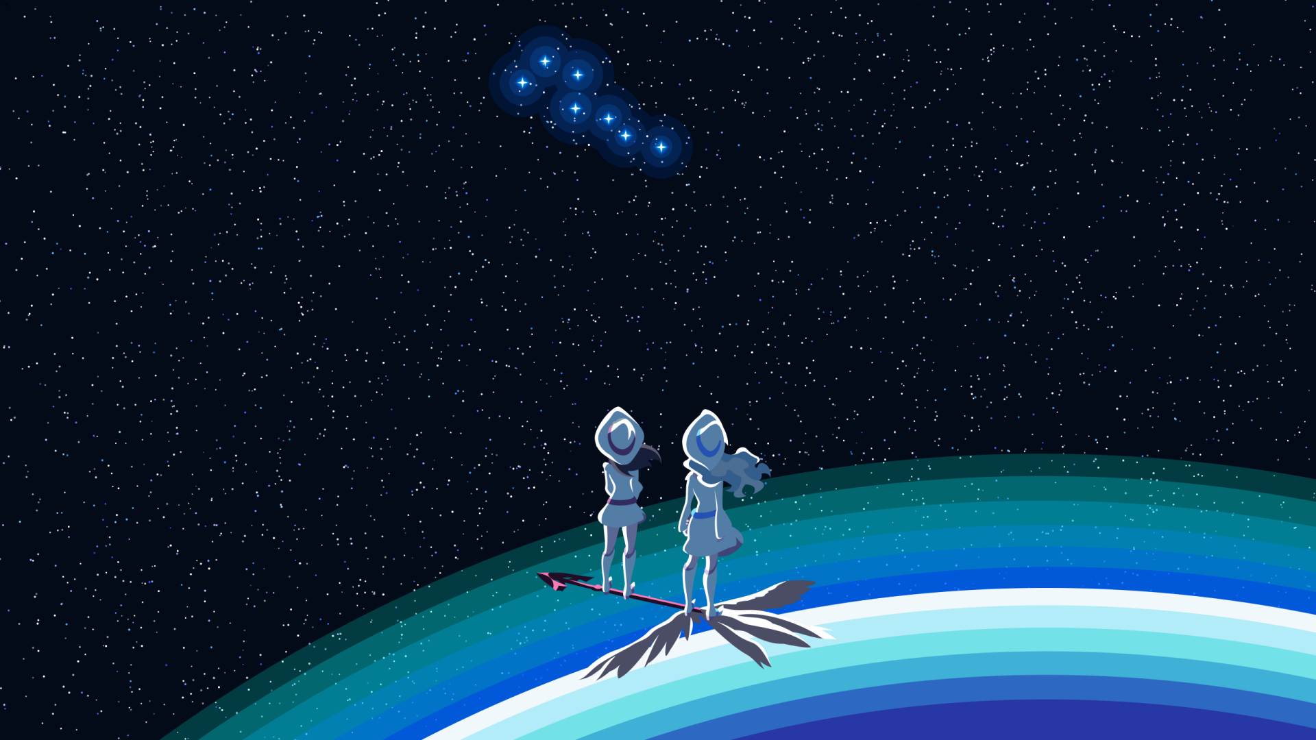 HD anime wallpaper featuring Atsuko Kagari and Diana Cavendish from Little Witch Academia standing on a glowing planet under a starry night sky.