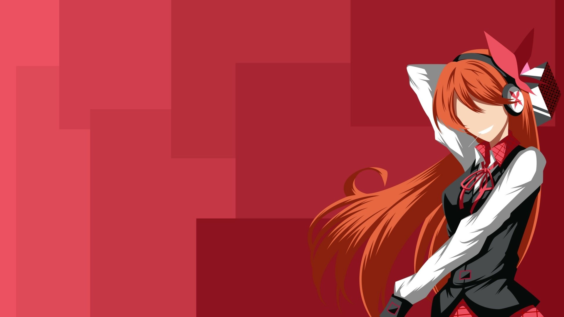 Chelsea (Akame ga Kill!) anime character with long red hair and ribbon, posing against geometric crimson backdrop — 2K Quad HD PC desktop wallpaper.