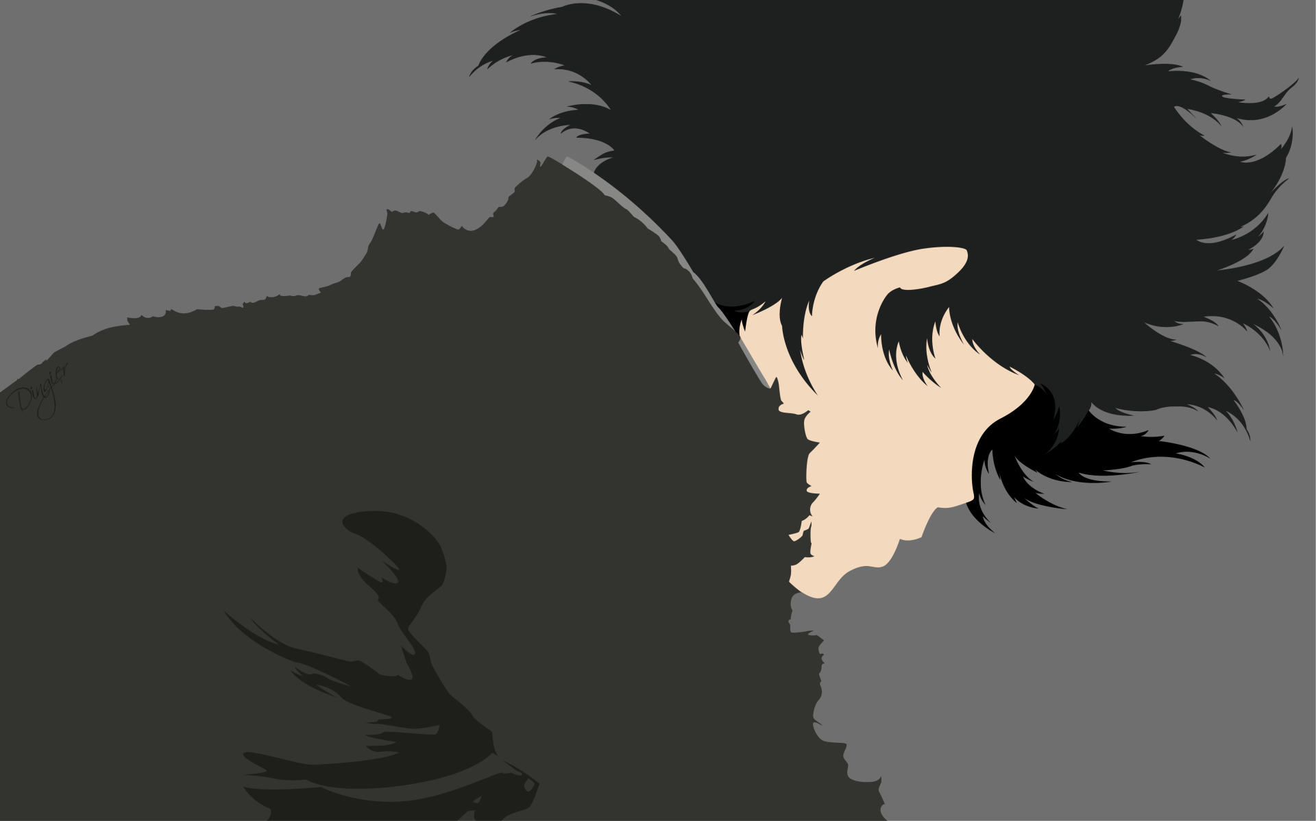 Anime 4K Ultra HD PC wallpaper of Shigeo Kageyama (Mob Psycho 100), side-profile silhouette with tousled black hair and muted gray background.