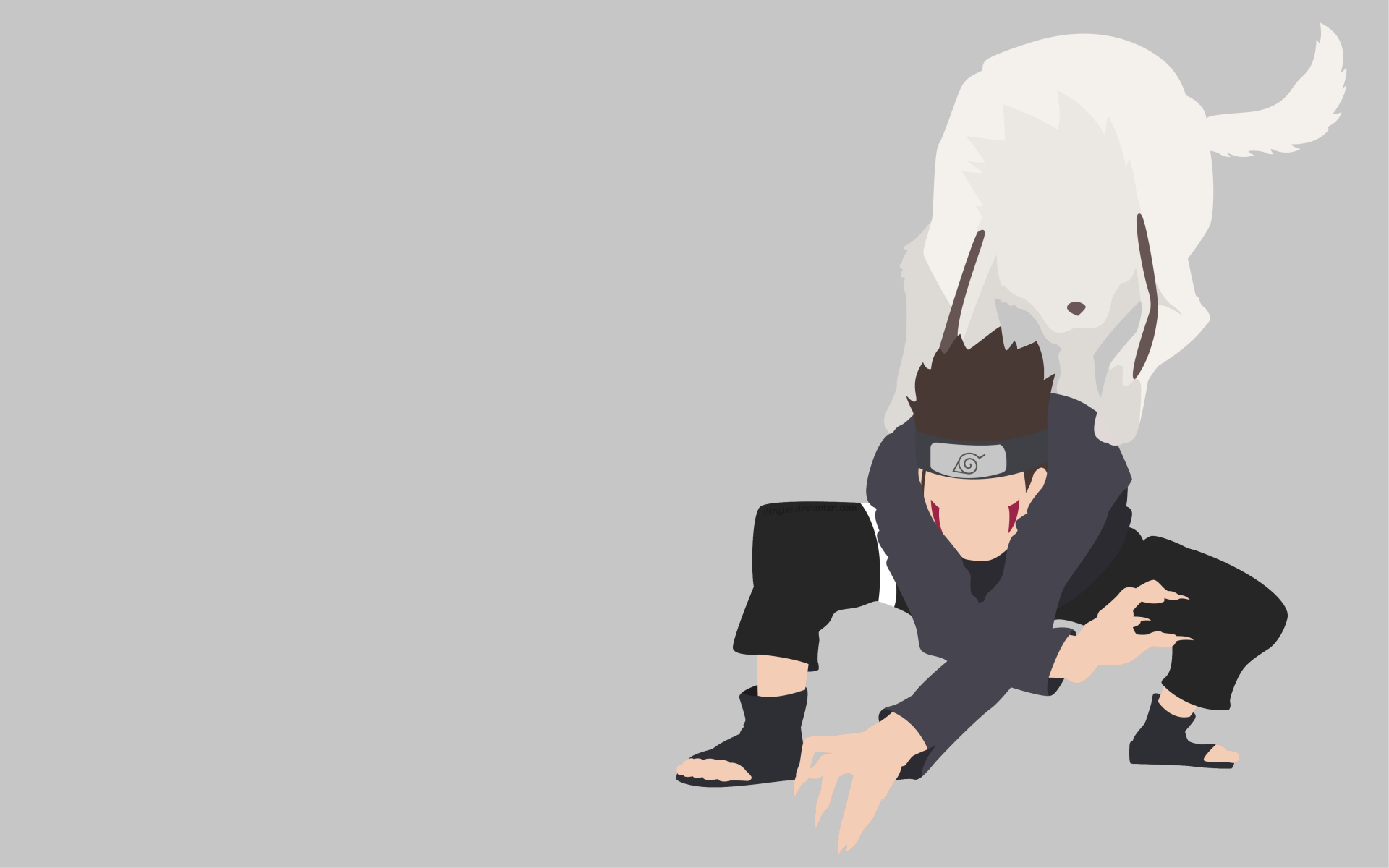 Minimalist 4K Ultra HD wallpaper featuring Kiba Inuzuka crouching with Akamaru from the anime Naruto against a plain background.