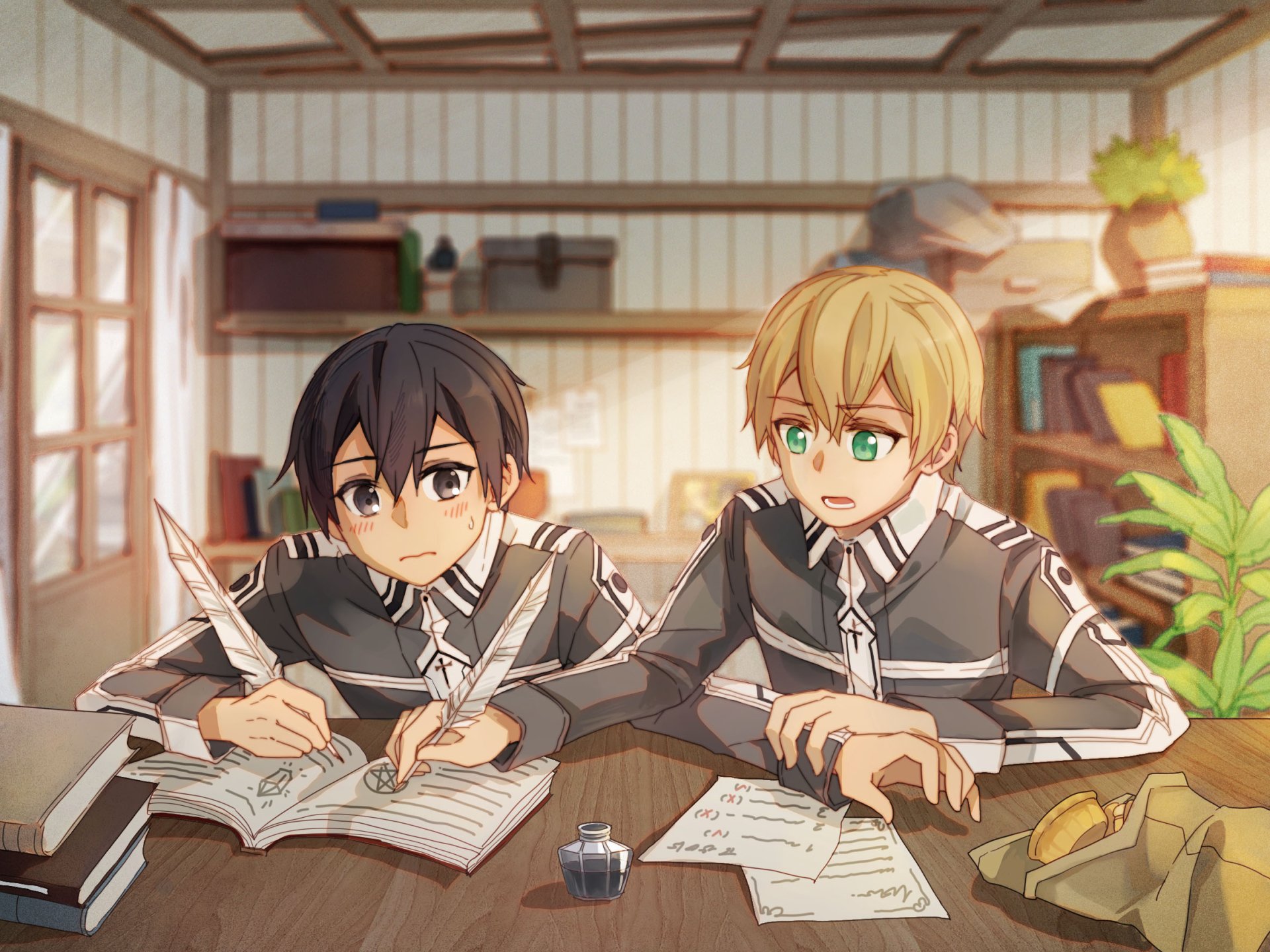 Eugeo and Kazuto Kirigaya (Kirito) from Sword Art Online: Alicization study together in a detailed anime-style HD desktop wallpaper.