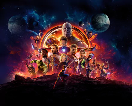8K Ultra HD Avengers: Infinity War movie wallpaper featuring key characters and Thanos with a cosmic background for PC desktop use.
