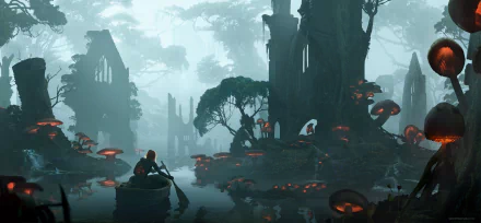 HD desktop wallpaper showing a mysterious river flowing through a forest with giant glowing mushrooms and ancient ruins. A person is rowing a boat, adding to the fantastical atmosphere.