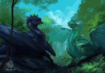 Fantasy 2K Quad HD PC desktop wallpaper and background: a green dragon and a dark dragon face off in a misty forest clearing.