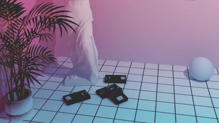 HD Vaporwave-themed desktop wallpaper with a retro grid floor, cassette tapes, draped fabric, and a potted plant.