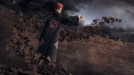 Pain (Naruto) anime 2K Quad HD PC desktop wallpaper and background: Akatsuki-cloaked Pain levitating amid swirling debris and a stormy sky, outstretched hand commanding the battlefield.