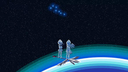 HD anime wallpaper featuring Atsuko Kagari and Diana Cavendish from Little Witch Academia standing on a glowing planet under a starry night sky.