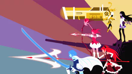 2K Quad HD desktop wallpaper of Puella Magi Madoka Magica: Sayaka Miki, Kyōko Sakura, Mami Tomoe and Homura Akemi in stylized action poses with weapons on a vibrant geometric background.