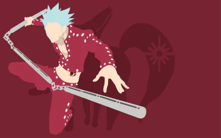 Ban (The Seven Deadly Sins) anime in stylized 4K Ultra HD PC desktop wallpaper/background: leaping with spiky cyan hair, red studded outfit and long metal staff on a maroon field with faint emblem.