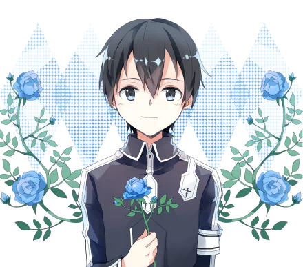 Kirito (Kazuto Kirigaya) from Sword Art Online: Alicization — anime character smiling in his uniform, holding blue roses against a patterned floral background, HD desktop wallpaper.