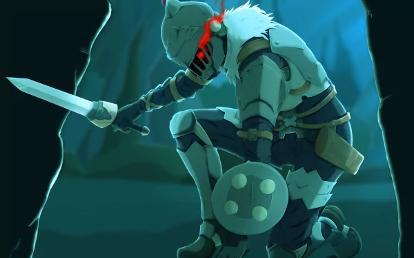 Anime Goblin Slayer kneeling on one knee in a dark cave, sword drawn and shield at his side — 4K Ultra HD PC desktop wallpaper.