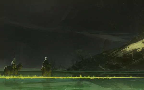 A fantasy scene featuring two knights on horseback in a dark, misty landscape, rendered as a 4K Ultra HD PC desktop wallpaper and background.