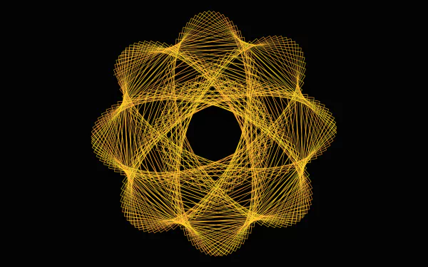 Abstract yellow guilloche fractal pattern with intricate, radiating lines on a black background, designed as an HD PC desktop wallpaper and background.