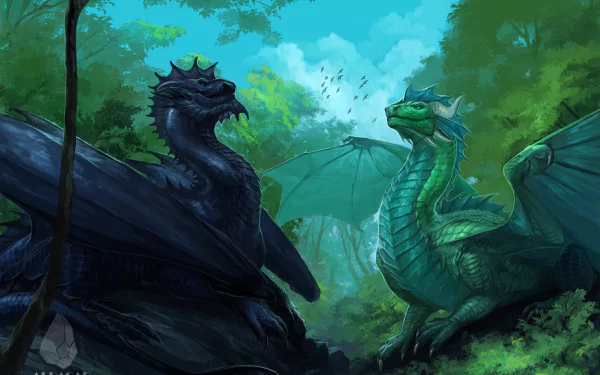 Fantasy 2K Quad HD PC desktop wallpaper and background: a green dragon and a dark dragon face off in a misty forest clearing.