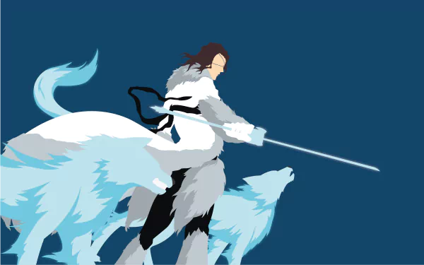 Coyote Starrk (Bleach) in anime style, standing with spectral blue wolves and a long sword against a deep-blue field — 4K Ultra HD PC desktop wallpaper/background.