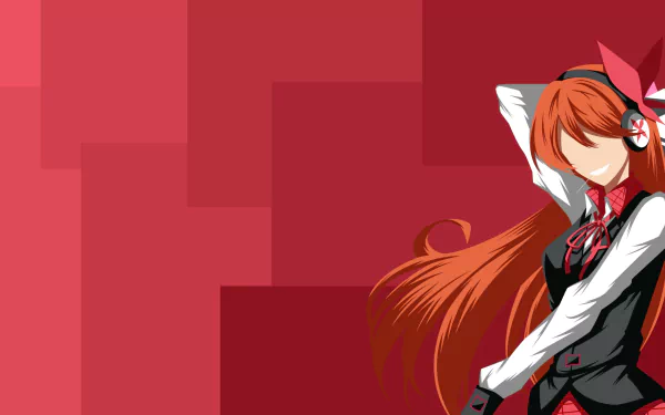 Chelsea (Akame ga Kill!) anime character with long red hair and ribbon, posing against geometric crimson backdrop — 2K Quad HD PC desktop wallpaper.