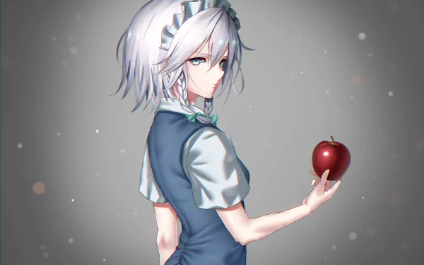 Anime-style HD wallpaper featuring Sakuya Izayoi from Touhou with short white hair, grey eyes, a headdress, and holding a red apple against a soft gray background.