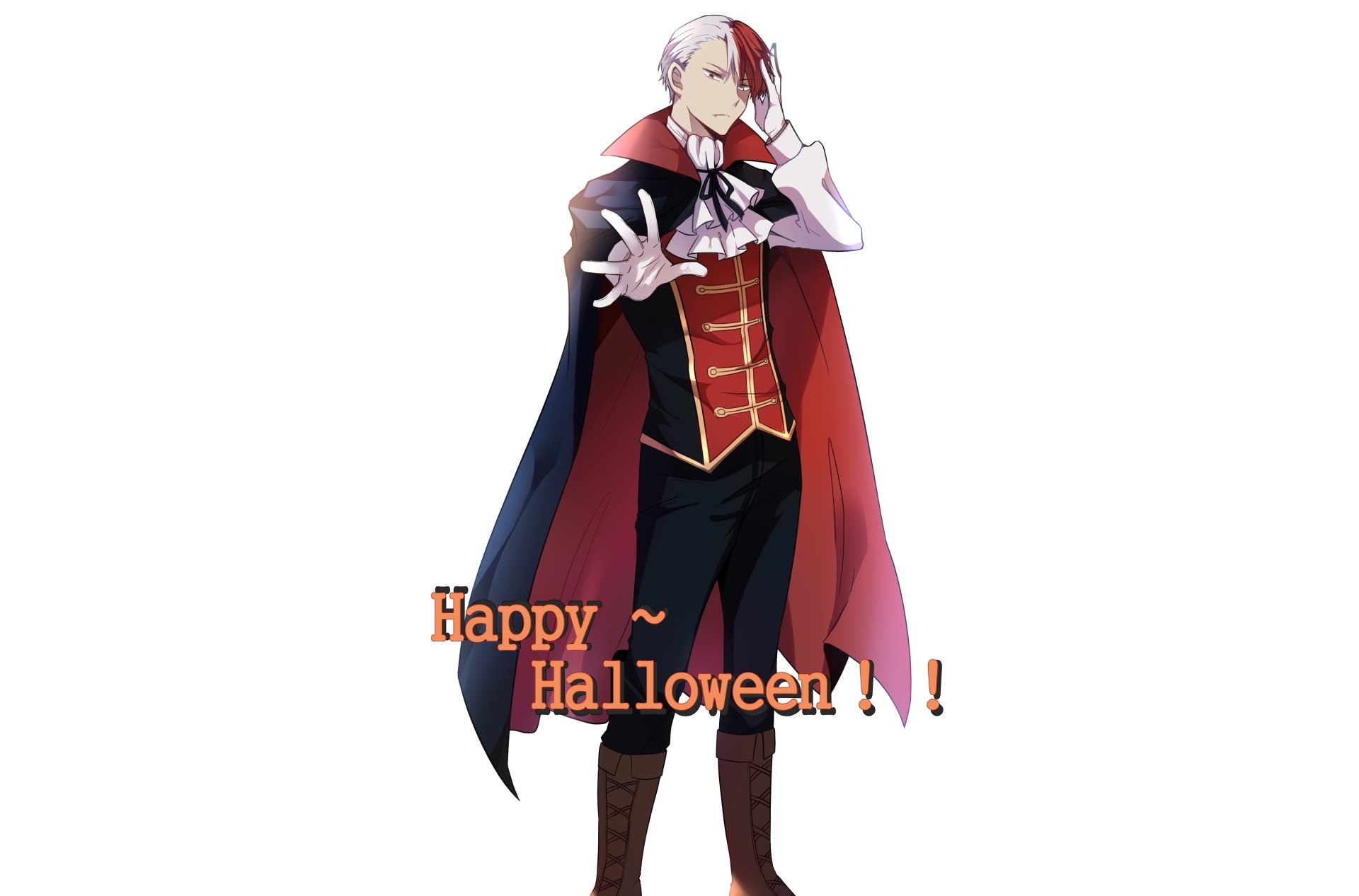 4K Ultra HD anime wallpaper featuring Shoto Todoroki from My Hero Academia in a Halloween-themed vampire costume with a red and black cape.
