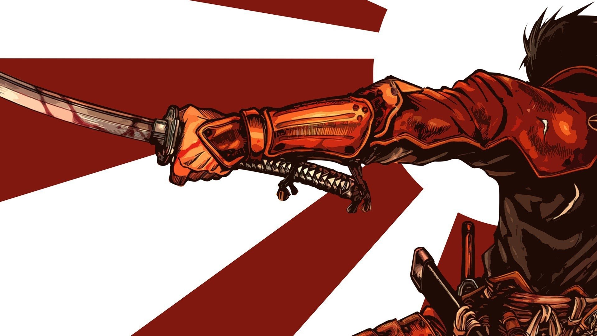 Dynamic HD PC desktop wallpaper of Toyohisa Shimazu from the anime Drifters, mid-swing with an orange armored gauntlet and katana against a bold red sunburst background.